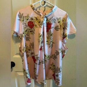 Liz Claiborne Plus Size Pink Floral Cap Sleeve Twist Neck Blouse Sz 2X